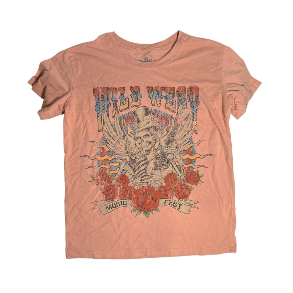 Goodie Two Sleeves Wild West Graphic Tee Embellished Roses Size XS Rust Pink